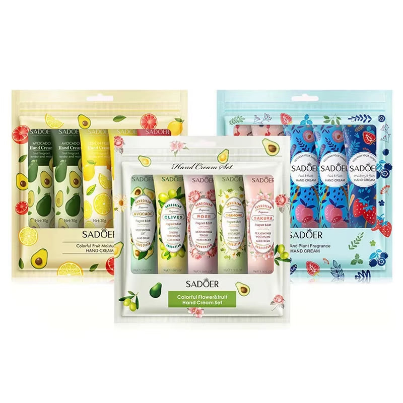 5Pcs/Set SADOER Fruit Plant Fragrance Hand Cream Sets Moisturizing Repair anti Dry Hand Lotion Sets Hands Skin Care Products